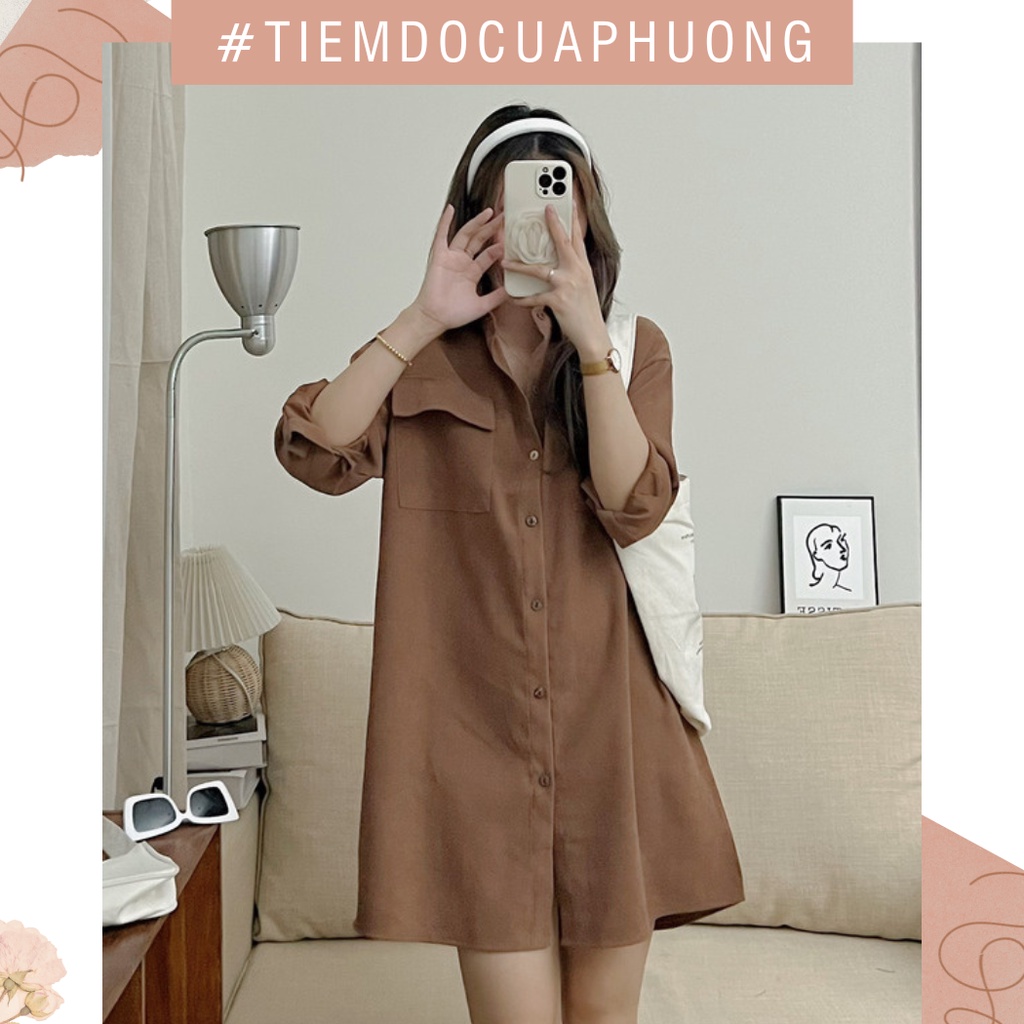 Váy đầm sơ mi dài tay chất nhung tăm dày dặn dáng rộng