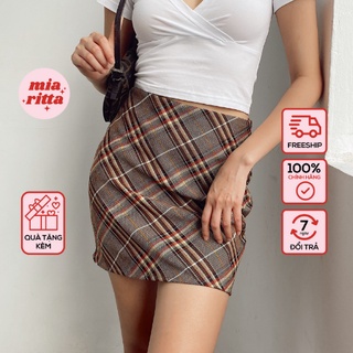 Chân váy kẻ nâu dáng chữ A retro vintage Mia Ritta V1008