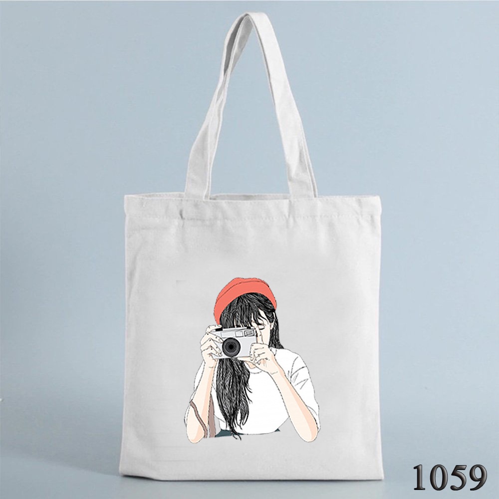 Túi Đeo Vai Túi Tote Vải Canvas Trắng In Hình Girl Photograp Dễ Thương 1059 Thời Trang Dạo Phố Hàn Quốc Cực Xinh