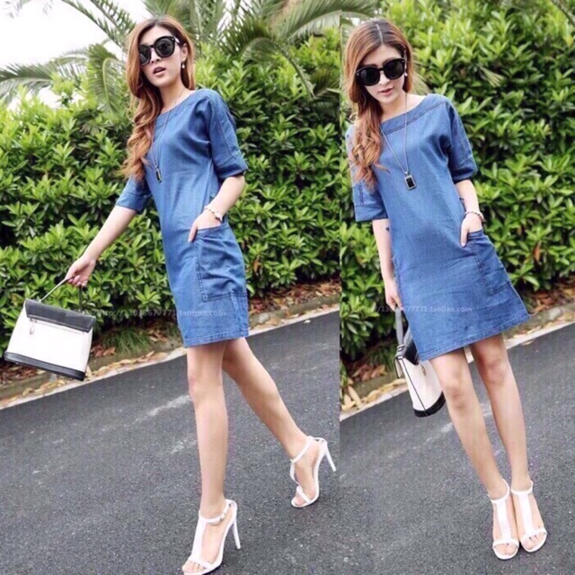 Đầm jean denim suông 2 túi _ M L