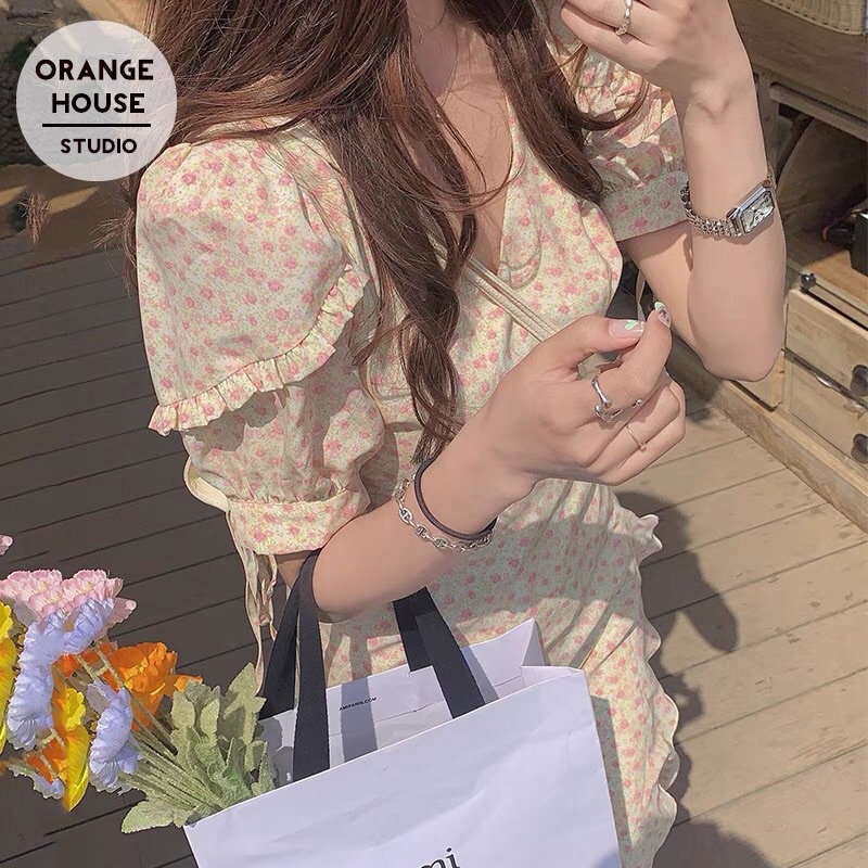 (ORDER.buiny ) Váy voan hoa nhí màu vàng MORAN cổ V nhún bèo đuôi cá xẻ tà điệu đà Hàn Quốc mùa hè (NEW_HOT) | BigBuy360 - bigbuy360.vn
