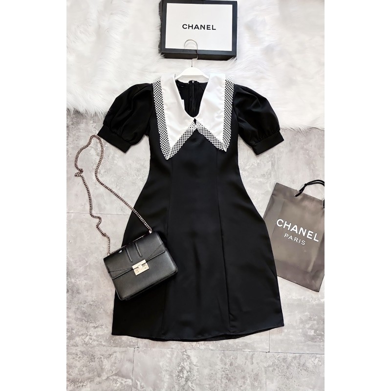 VNU276 - VÁY ĐEN XOÈ PHỐI CỔ TRẮNG VIỀN REN | BigBuy360 - bigbuy360.vn