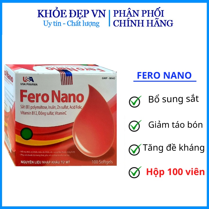 Viên uống Fero Nano bổ sung Sắt, Acid Folic cho người thiếu máu não, phụ nữ mang thai và sau sinh hộp 100 viên