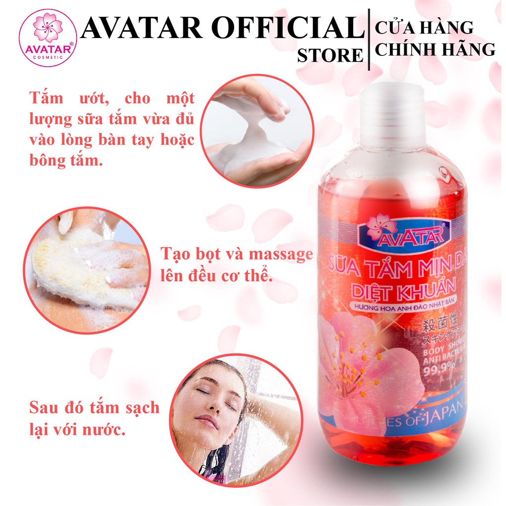 Sữa tắm mịn da diệt khuẩn 99.9% AVATAR - Hương hoa Anh Đào - Công nghệ và chất lượng Nhật Bản 500ml