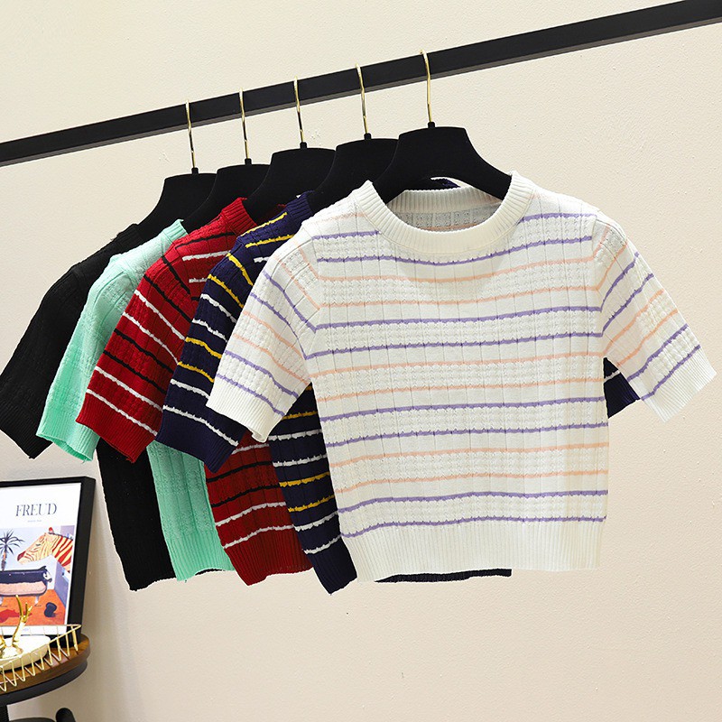 Áo crop top chất liệu dệt kim ngắn tay phong cách Hàn Quốc trẻ trung dành cho nữ | BigBuy360 - bigbuy360.vn