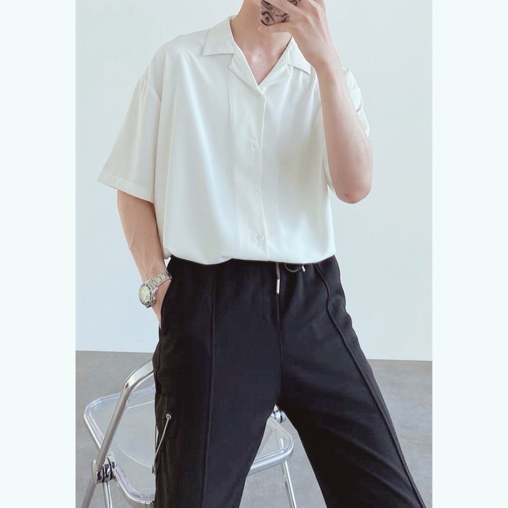 Áo sơ mi tay ngắn nam nữ form rộng, sơ mi cổ vest unisex Hàn Quốc, chất vải lụa dãn