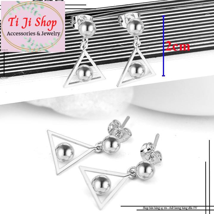 BÔNG TAI NỮ INOX MÀU TRẮNG BI RỚT TAM GIÁC - đẹp, không đen