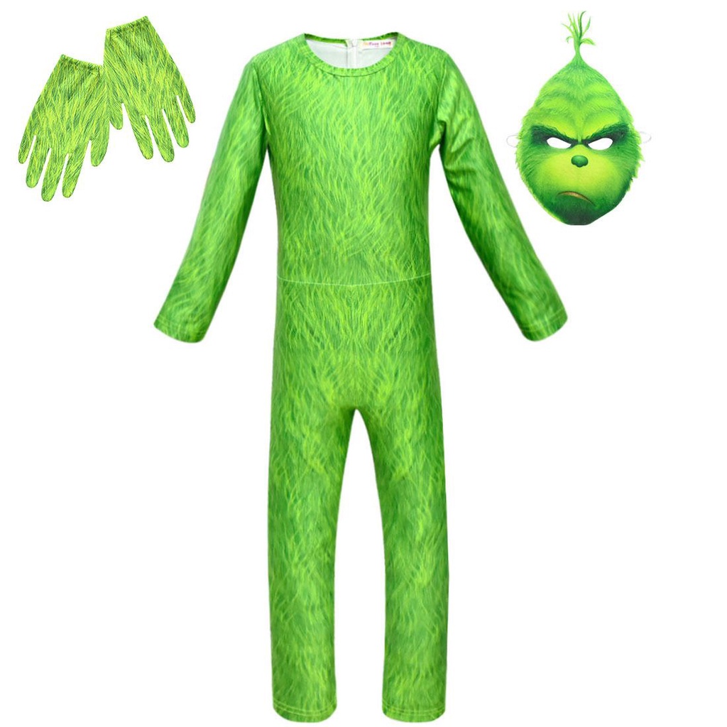 Grinch Cosplay Costume Kids Christmas Costume Party Outfit Halloween Jumpsuit