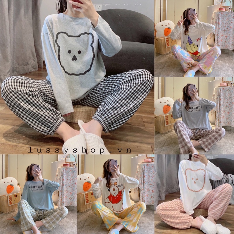 Đồ Bộ Nữ Hình Gấu Sọc Caro Siêu Xinh, Bộ Đồ Ngủ Thu Đông Pyjama Dài Tay Mặc Nhà Cotton Mềm Ulzzang Hàn Quốc 2021