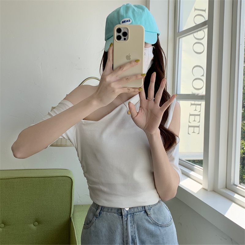 Áo nữ SUXI tay ngắn ôm dáng màu trơn lộ vai gợi cảm thời trang mùa hè