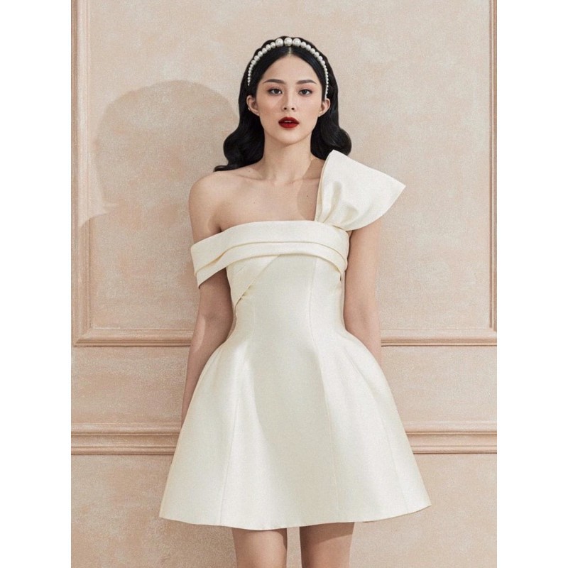 Đầm dự tiệc đầm sang trọng đầm dáng xoè Taffta nơ ngực chéo vai đi chơi dạo phố công sở | BigBuy360 - bigbuy360.vn