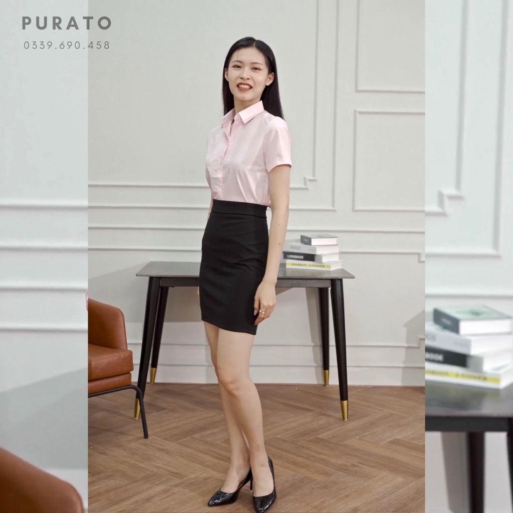 ẢNH ĐỘC QUYỀN CỦA PURATO - Áo công sở màu hồng nhạt nữ, cổ đức, không nhăn, không lộ có ngắn tay và dài tay