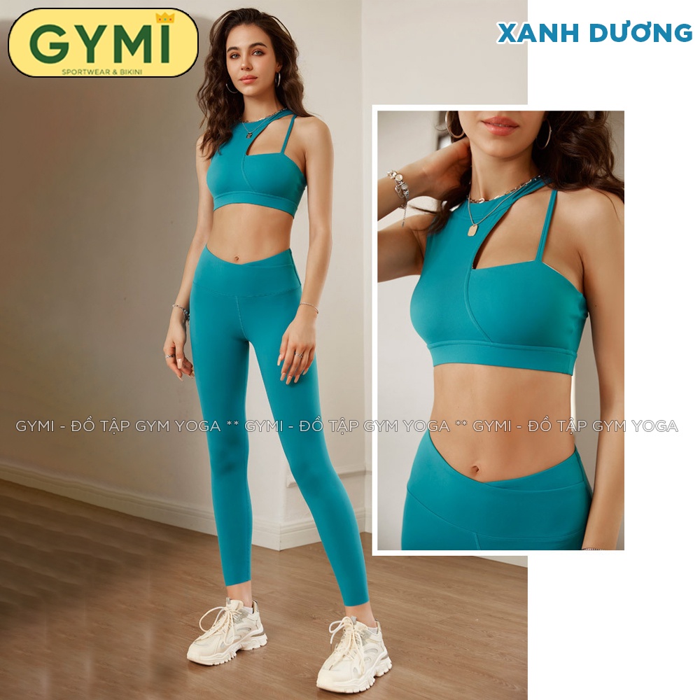 Set bộ đồ tập gym yoga nữ GYMI SET32 gồm áo bra chéo vai và quần legging dài thể thao chất poly sịn mát co giãn