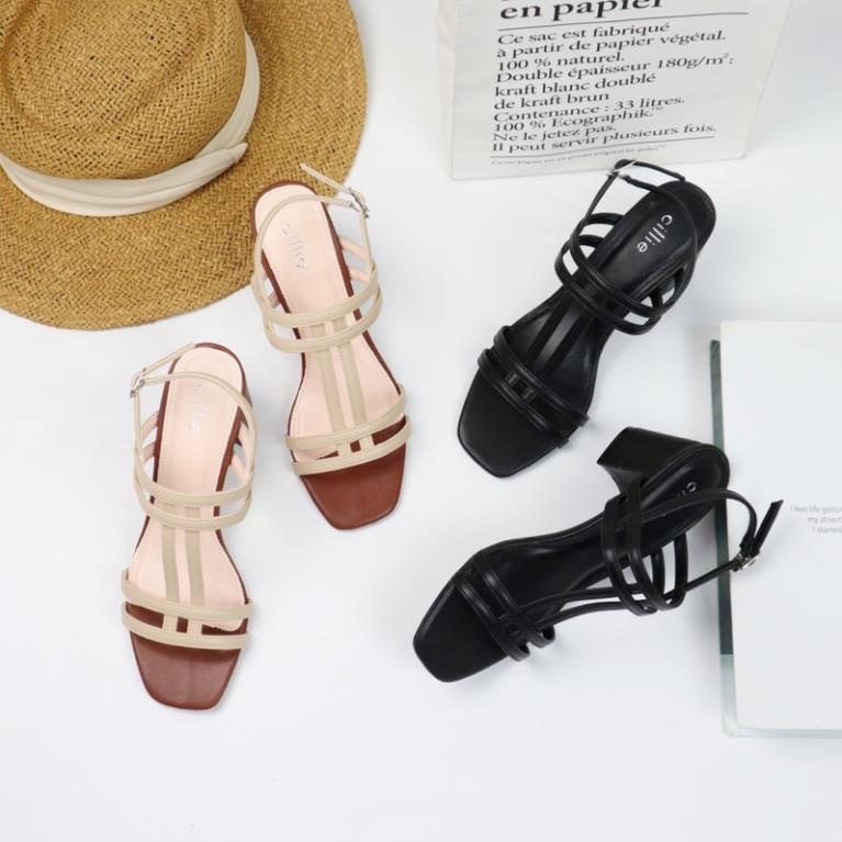 . Giày sandal cao gót nữ quai ngang gót vuông cao 5cm đi học đi làm Cillie 1112 ;