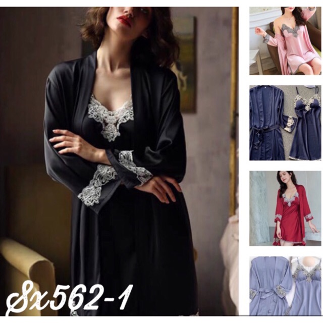 Váy ngủ quảng châu SX562-1 lụa satin phối ren kèm choàng cao cấp _Kubull | BigBuy360 - bigbuy360.vn