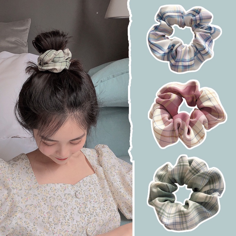 Dây Buộc Tóc Vải Bản Lớn Họa Tiết Sọc Caro Thời Trang Thanh Lịch Cho Nữ