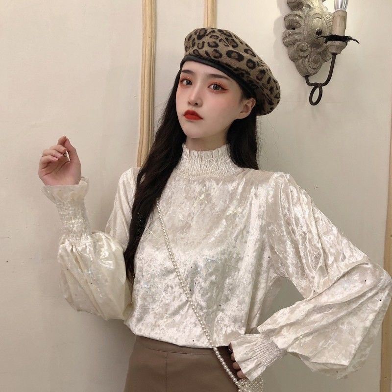 Áo nhung tay dài cổ cao xếp ly đính kim sa lấp lánh phong cách Hàn Quốc mới cho nữ