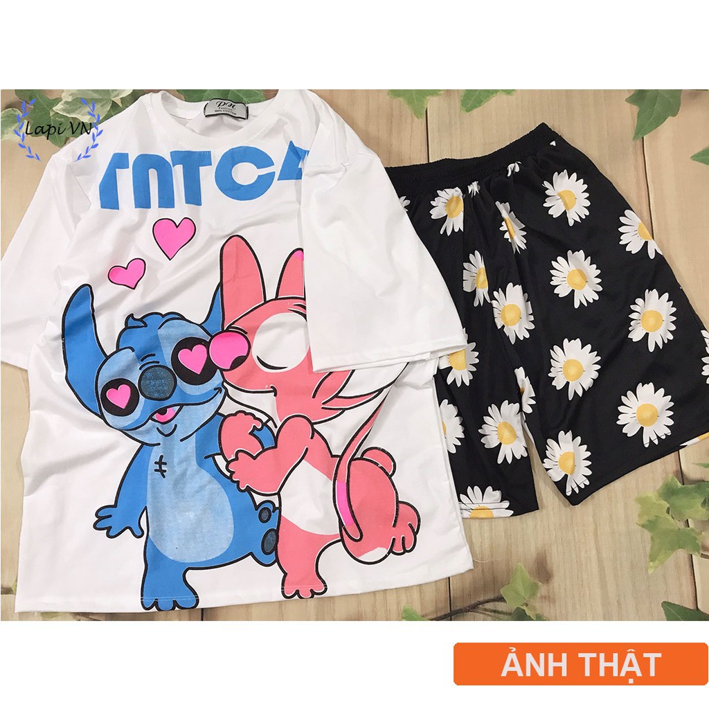 Set Đồ Bộ In Hình STITCH+ QUẦN cartoon HOA CÚC 3D Cute DB29 -Lapi VN Áo+ Quần Đùi Vải Thun Cotton Thoáng Mát, Freesize