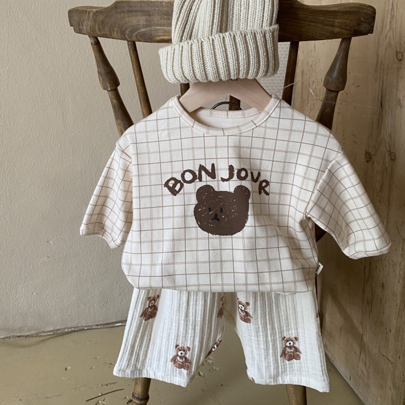 Áo thun mùa thu dành cho bé trai in hình gấu con màu trơn/ kẻ sọc caro thời trang