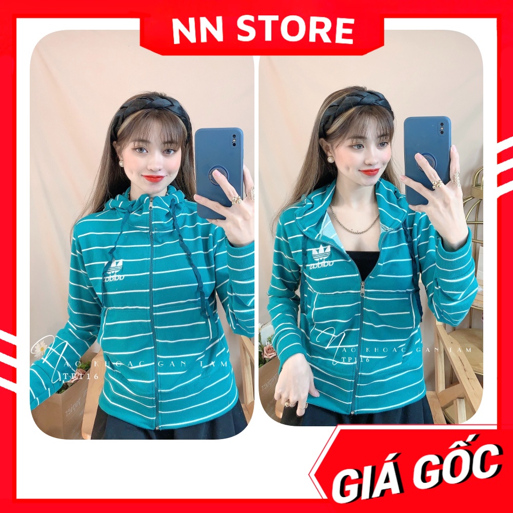 Áo khoác chống nanwsgs nữ có nón chất gân tăm mềm mịn co giãn lên phom ôm dáng thêu chữ phối sọc dễ thương TP116