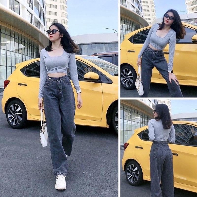Quần jeans suông cạp cao đai cài dây khuy