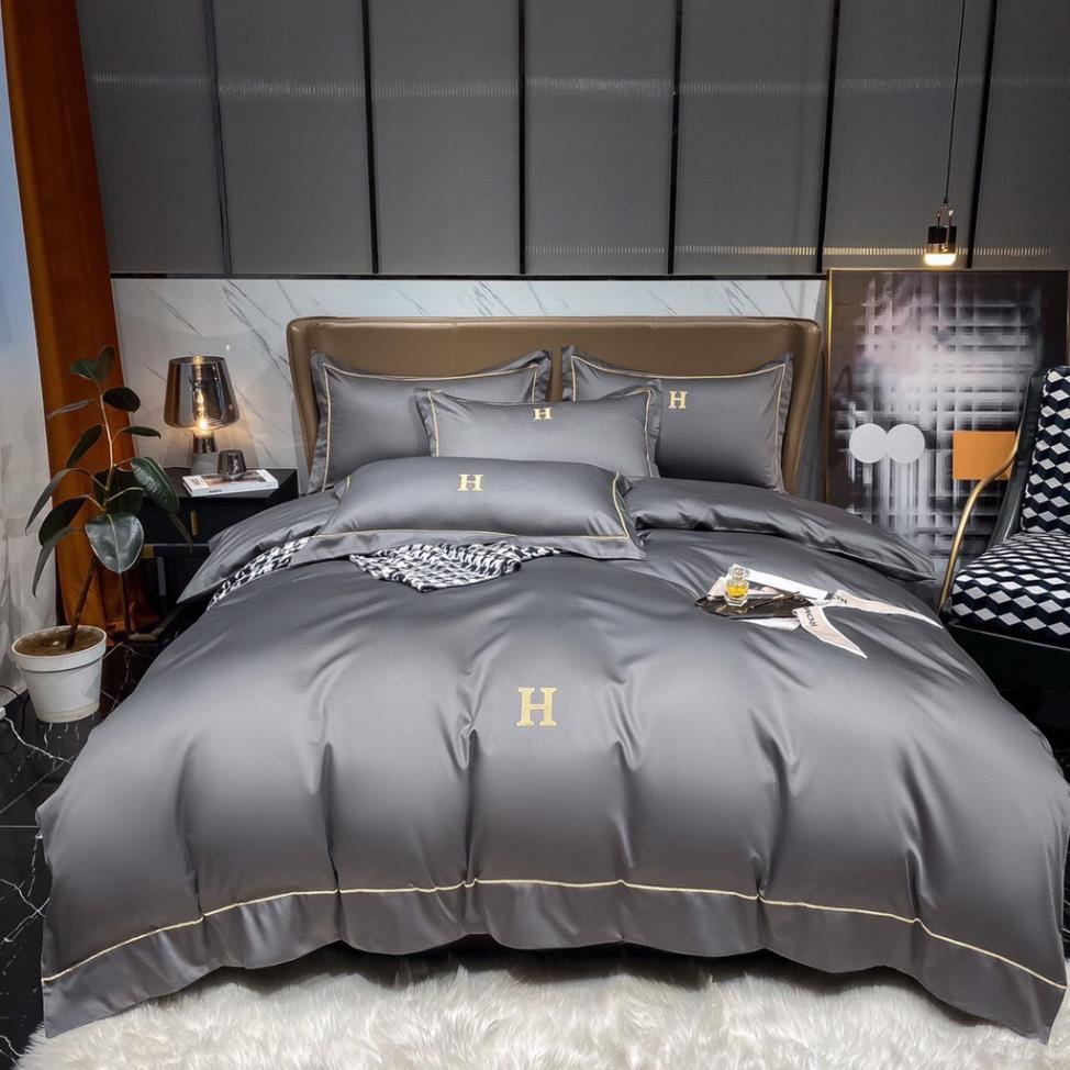 Bộ chăn ga Cotton Lụa Chữ H nhập khẩu - Sét chăn ga 4 món Decor siêu sang