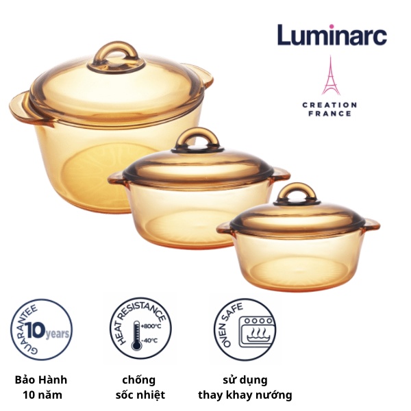 Bộ 3 nồi thuỷ tinh  Luminarc Amberline Granite 1.5 Lít/ 2 Lít / 3 Lít (Bảo Hành 10 Năm)- LUGR1523