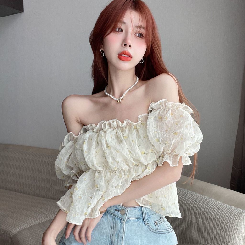 Áo Chiffon Cổ Vuông Tay Ngắn Phồng In Hoa Ngọt Ngào