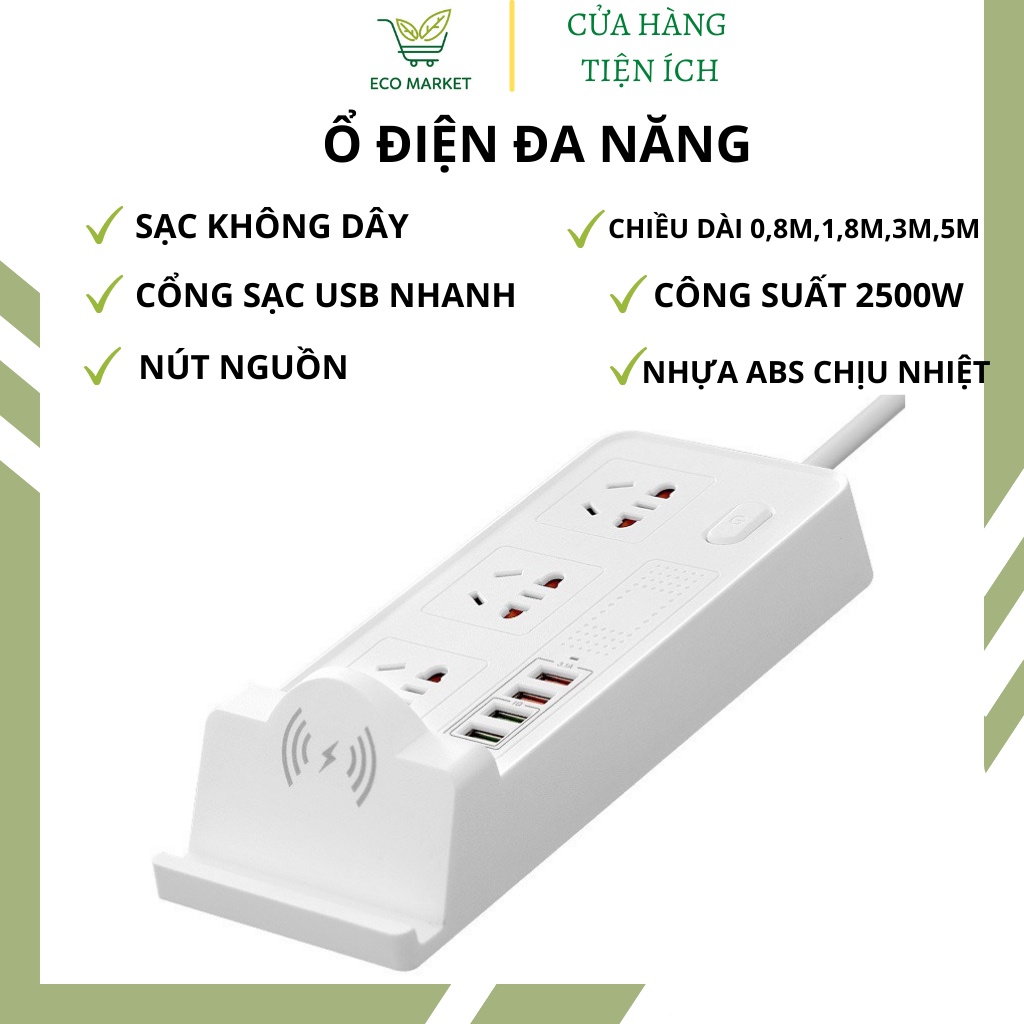 Ổ cắm điện đa năng có sạc điện thoại không dây, ổ cắm điện thông minh có cổng USB sạc nhanh-Eco5
