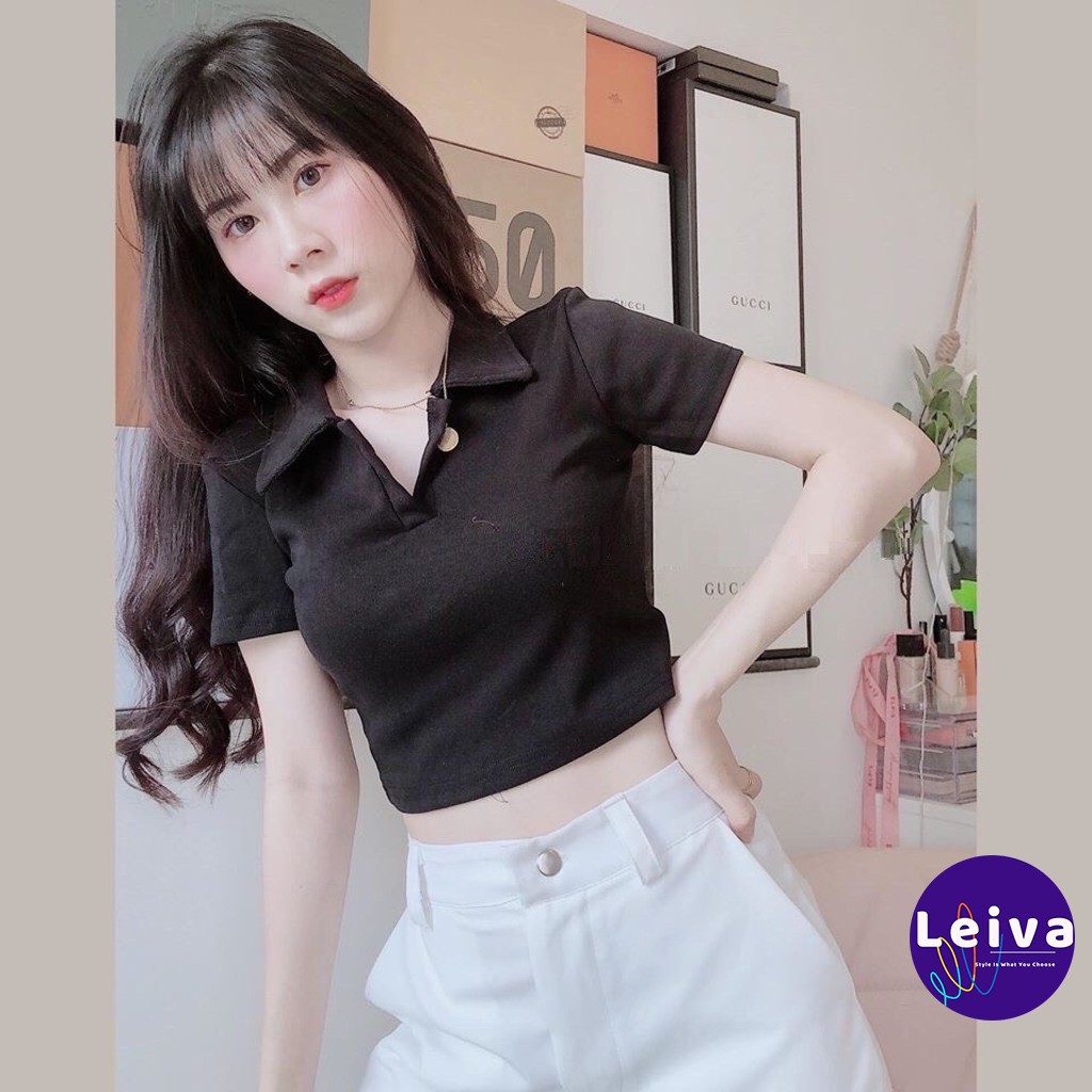 Áo croptop nữ kiểu ôm có cổ tay ngắn, Áo polo nữ croptop crt Ulzzang crop top sơ mi phông thun cổ bẻ sexy cá tính đen | BigBuy360 - bigbuy360.vn