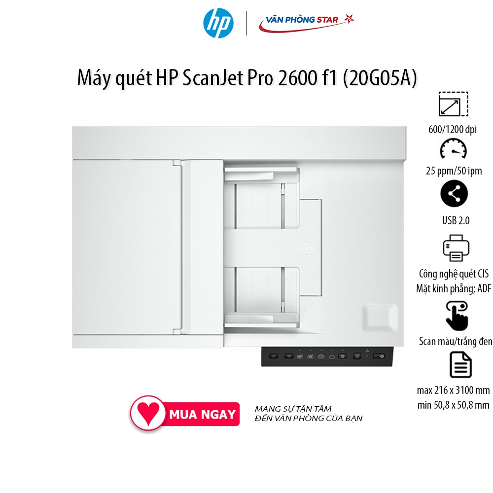 Máy quét HP ScanJet Pro 2600 f1 (20G05A) ADF; Công nghệ quét CIS; Mặt kính phẳng; Lên đến 25 ppm/50 ipm 1200 x 1200 dpi