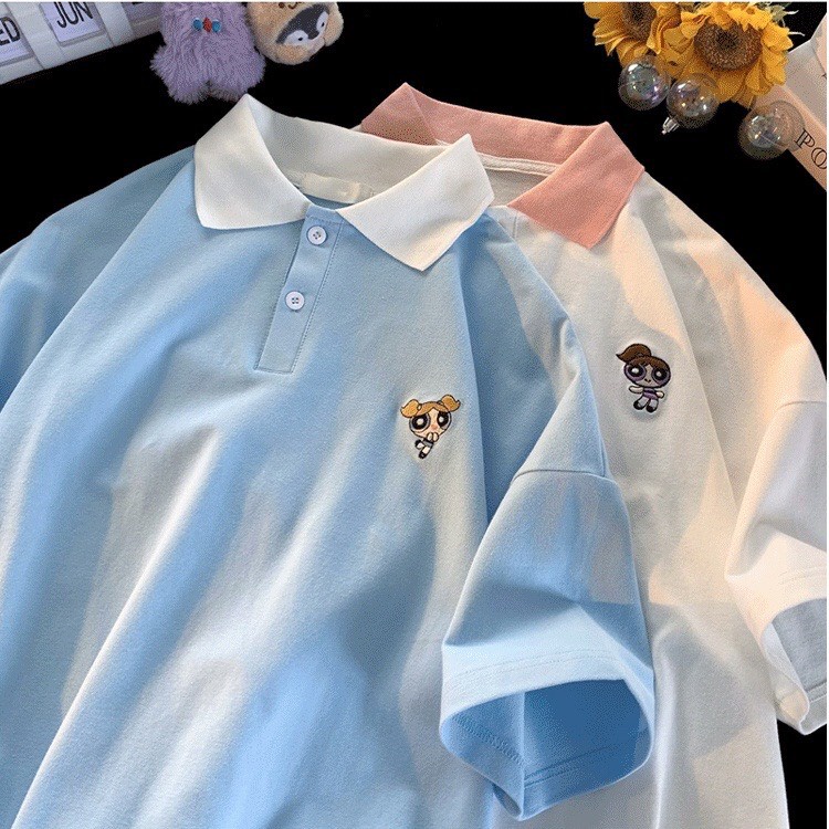 Áo polo unisex thêu logo cute - Áo thun nữ tay lỡ cổ bẻ chất cotton mềm mát dễ phối đồ màu trắng, xanh dương, xanh lá