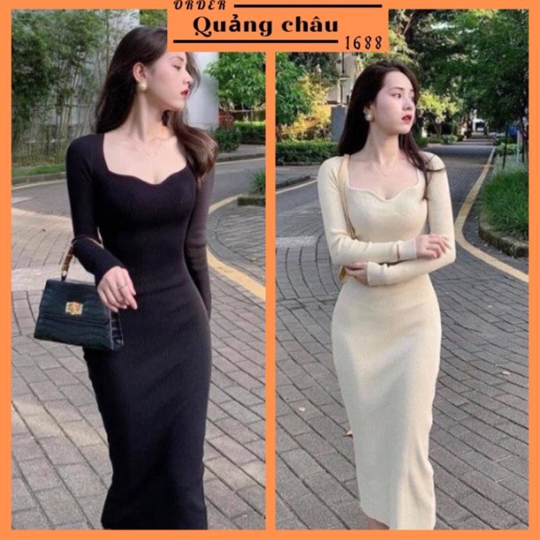 Váy Len Body Cổ vuông Mẫu Mới 2021 Nữ Hàng Quảng Châu loại đẹp