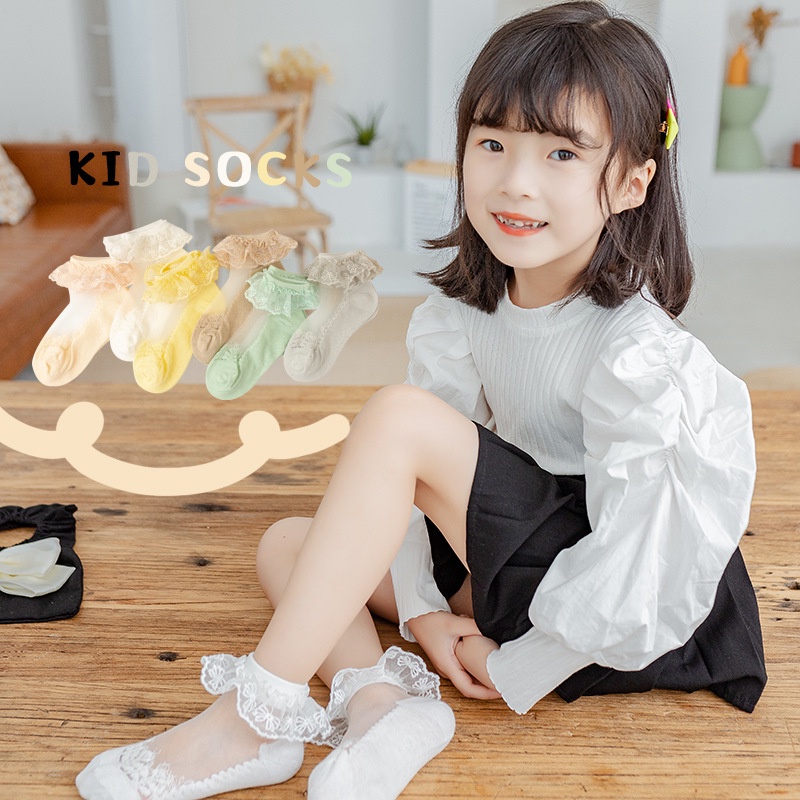 Vớ Công Chúa Chất Liệu Lụa Lạnh Phối Ren Màu Trắng Trong Suốt Cho Bé Gái Từ 1-10 Tuổi