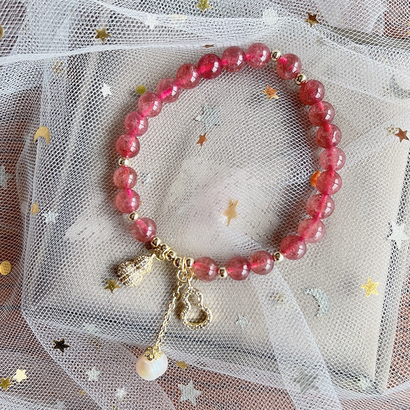 [Hàng Mới Về] Vòng Tay Treo Đính Pha Lê Hồng Họa Tiết Quả Dâu/ Hồ Lô Thời Trang Mùa Hè Cho Nữ