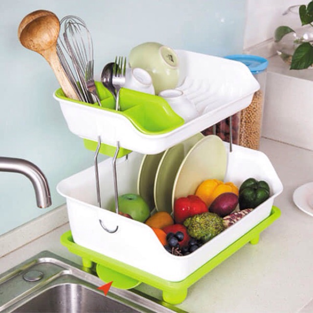 Kệ úp bát chén đĩa cốc 2 tầng có khay hứng nước, giá úp bát 2 tầng có khay thoát nước