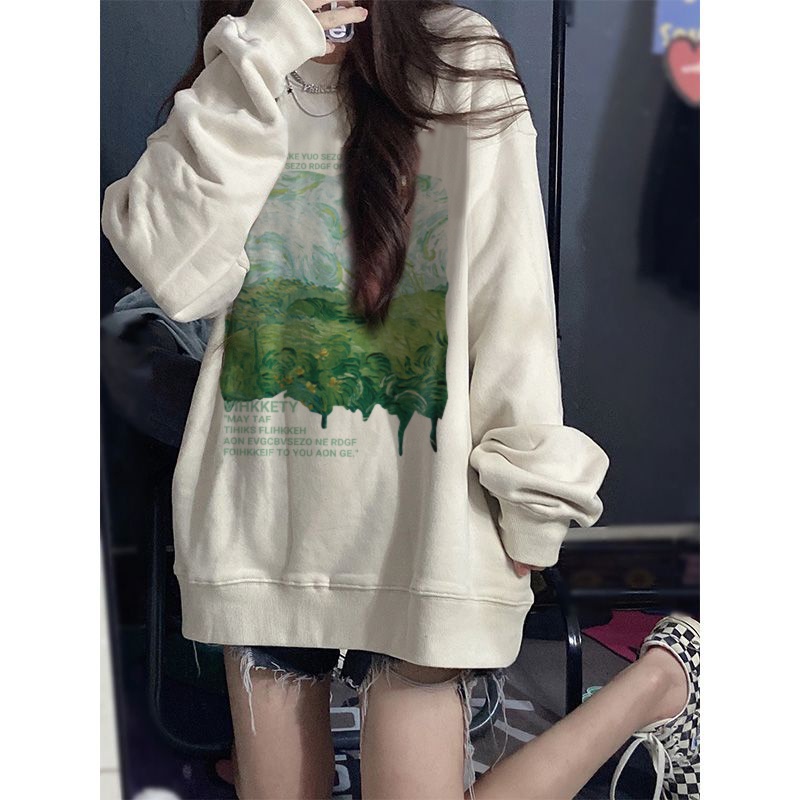 Áo Nỉ oversize Cổ Tròn In Họa Tiết Phong Cách retro Mỹ