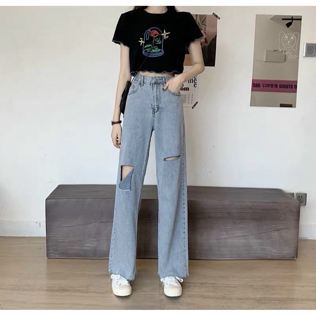 Quần jeans suông rách gối cạp cao đủ size S-M-L