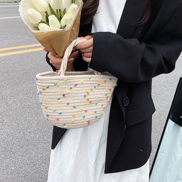 Túi xách dệt sợi mini có đính nơ ruy băng nhiều màu sắc phong cách Hàn Quốc mới thời trang dành cho nữ