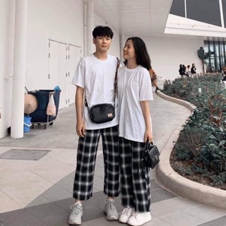 mix Bộ Áo Phông Rộng Kèm Quần Kẻ Rộng