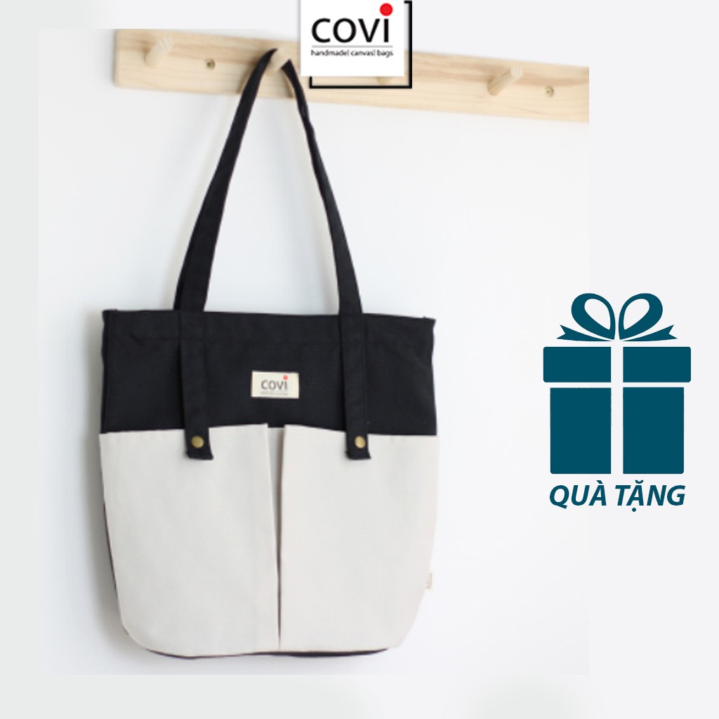 Túi vải canvas, túi tote đựng giấy A4 phom đứng phối 2 nút trước thời trang COVI nhiều màu sắc T8