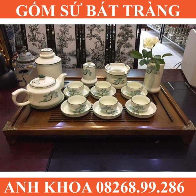 Ấm chén hoa sen xanh kẻ chỉ Bát Tràng - Gốm sứ Bát Tràng Anh Khoa