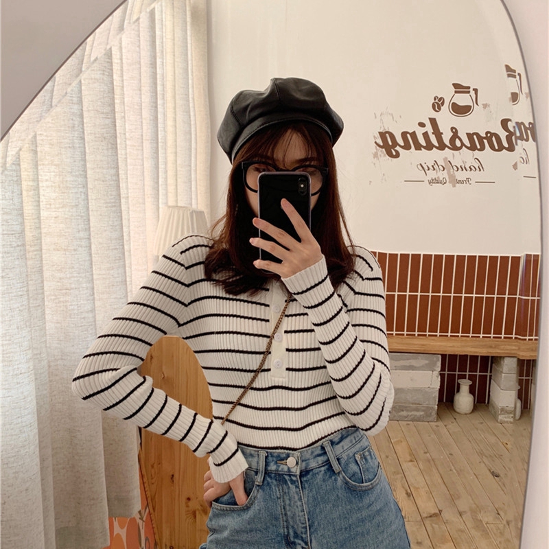 Áo thun SUXI dài tay họa tiết kẻ sọc phong cách Hàn Quốc thời trang dành cho nữ