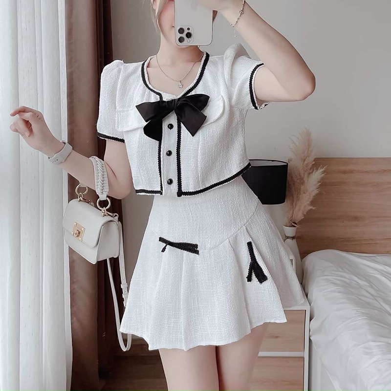 Set Chân Váy Nữ Kèm Áo Có Nơ - Viền Ren , Chân Váy Có Lót , Nút Cài Thật - Thời Trang Dressery Store