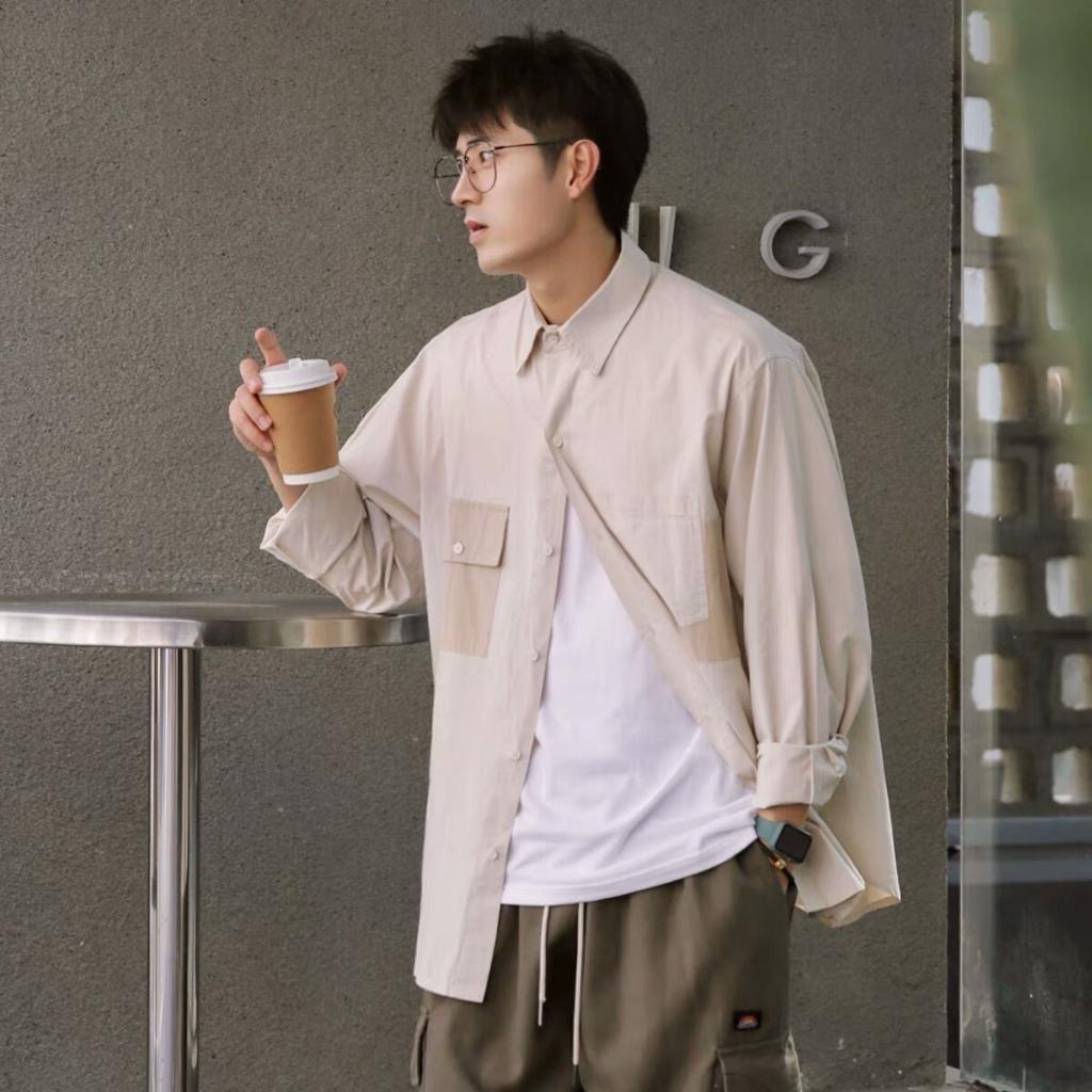 Áo sơ mi nam form rộng dài tay Boiz áo sơ mi nam unisex kaki túi phối 2 màu