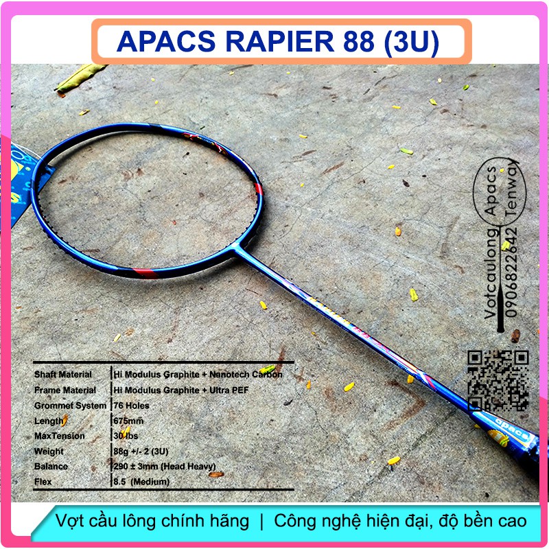 [Chính hãng] Vợt cầu lông Apacs Rapier 88 - 3U - màu tím than, 3U phổ thông - Có phiếu bảo hành