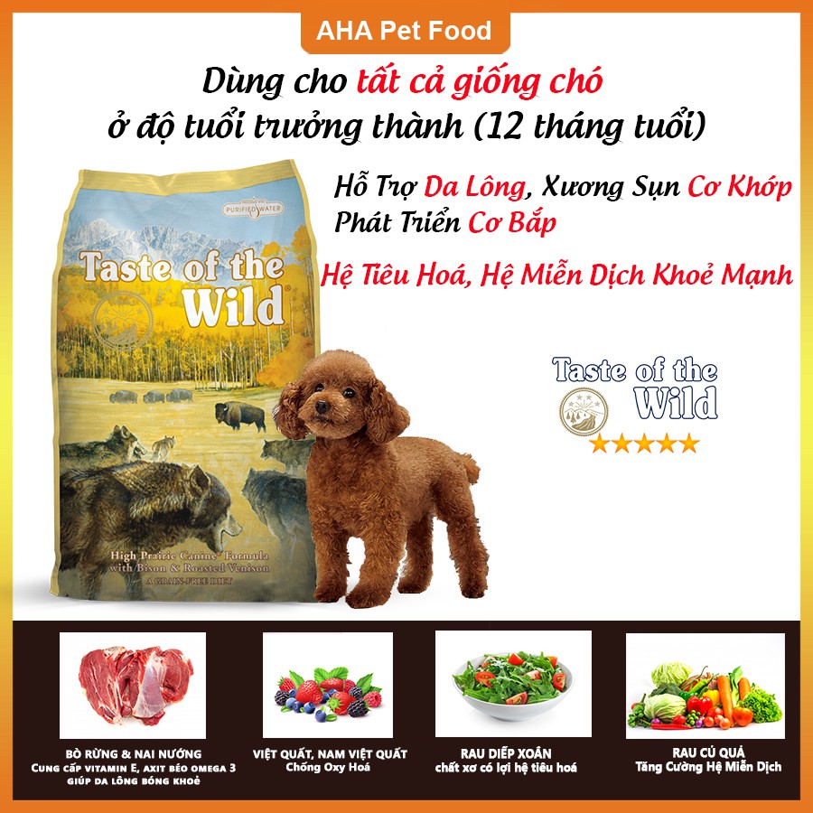 [Nhập Khẩu USA] Thức Ăn Cho Chó Poodle Taste Of The Wild Bao 2kg -  High Praire Bò Rừng & Nai Nướng, Trái Cây Rau Củ Quả