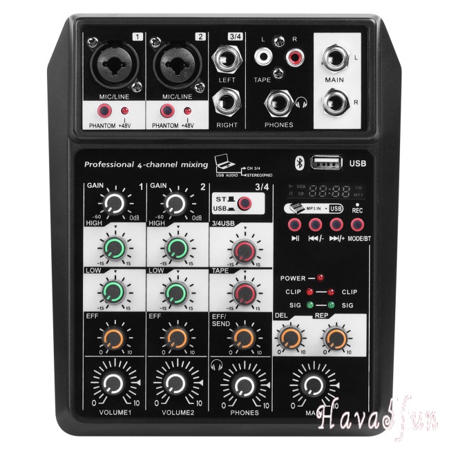 HF Bluetooth Wireless 4-channel Audio Mixer Portable Sound Mixing Console USB Interface