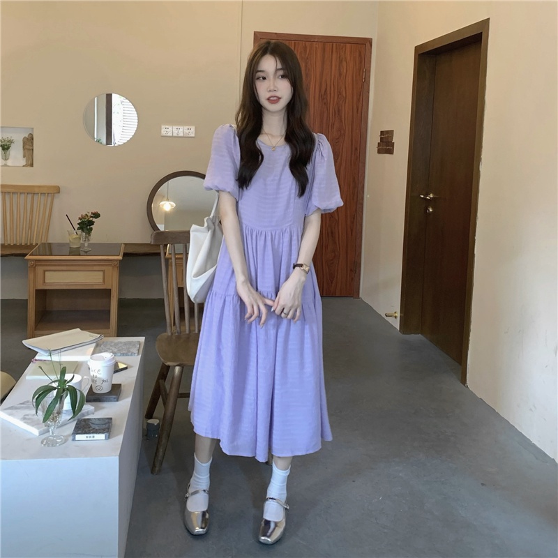 Đầm Dài Xếp Ly Tay Phồng Ngắn Lưng Cao Phong Cách Retro Hàn Quốc 52811