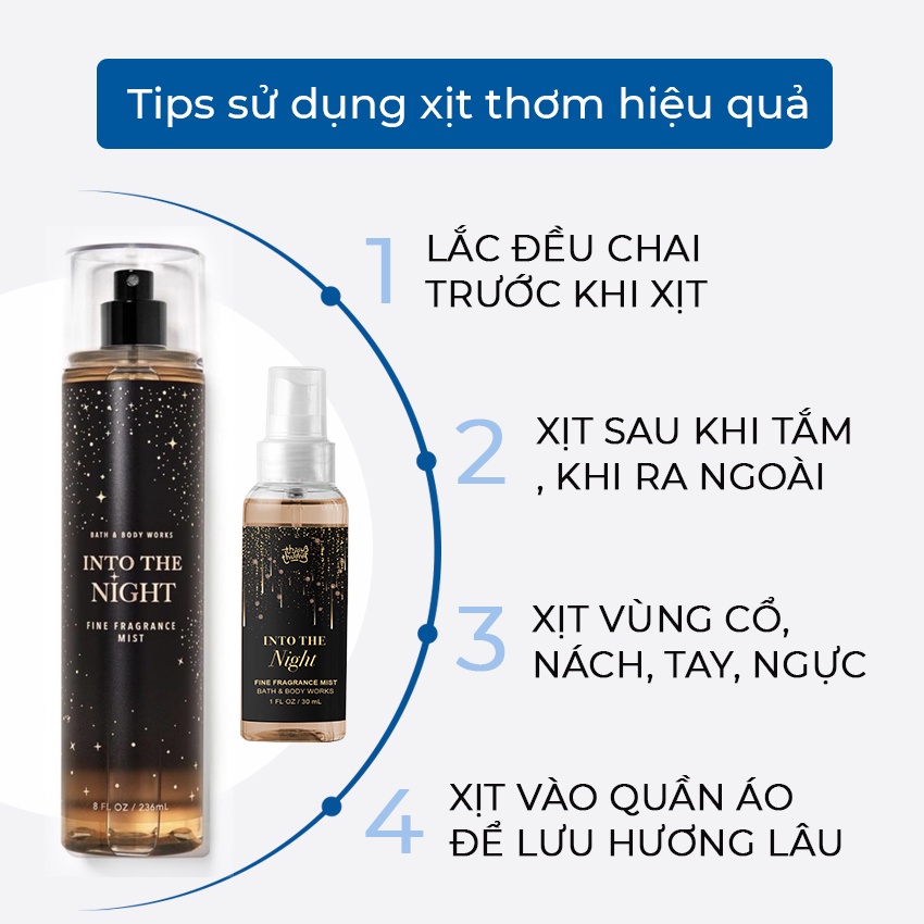 Xịt thơm toàn thân body mist into the night Bath & Body Works 236ml Siêu Thơm Cá Tính, Năng Động Hương Nước Hoa
